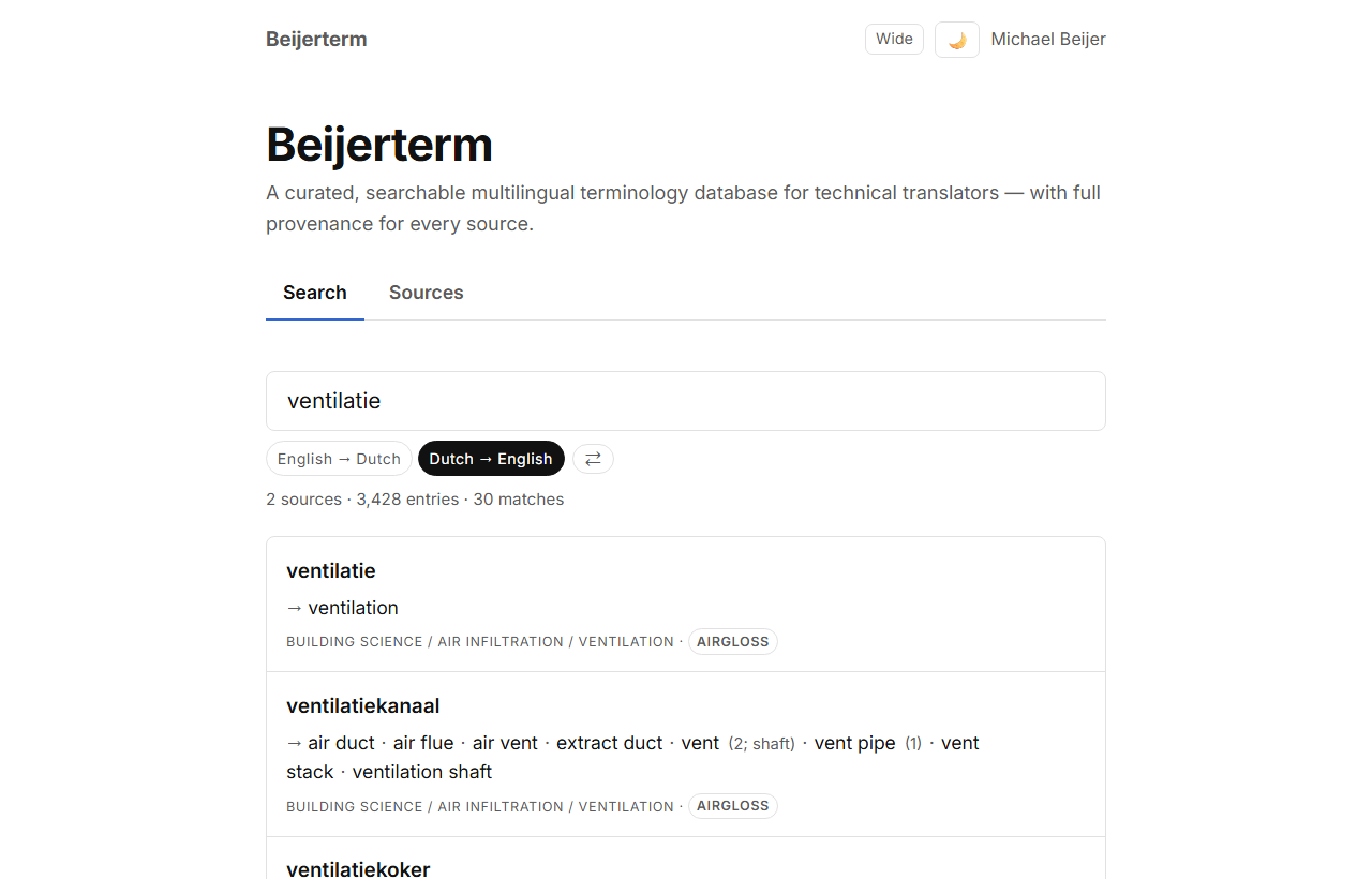 The Beijerterm terminology search at beijerterm.com — a search box with matching terms below, and a Sources tab listing every glossary behind the database.