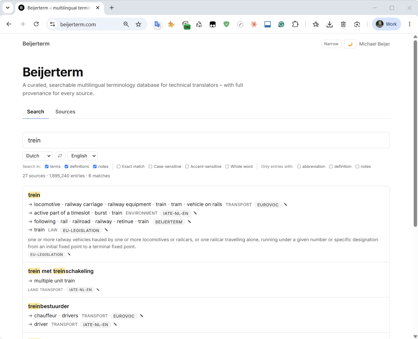 Beijerterm – a curated multilingual terminology database: a From/To language search returning a Dutch headword with its English equivalents and a badge for each source the terms came from