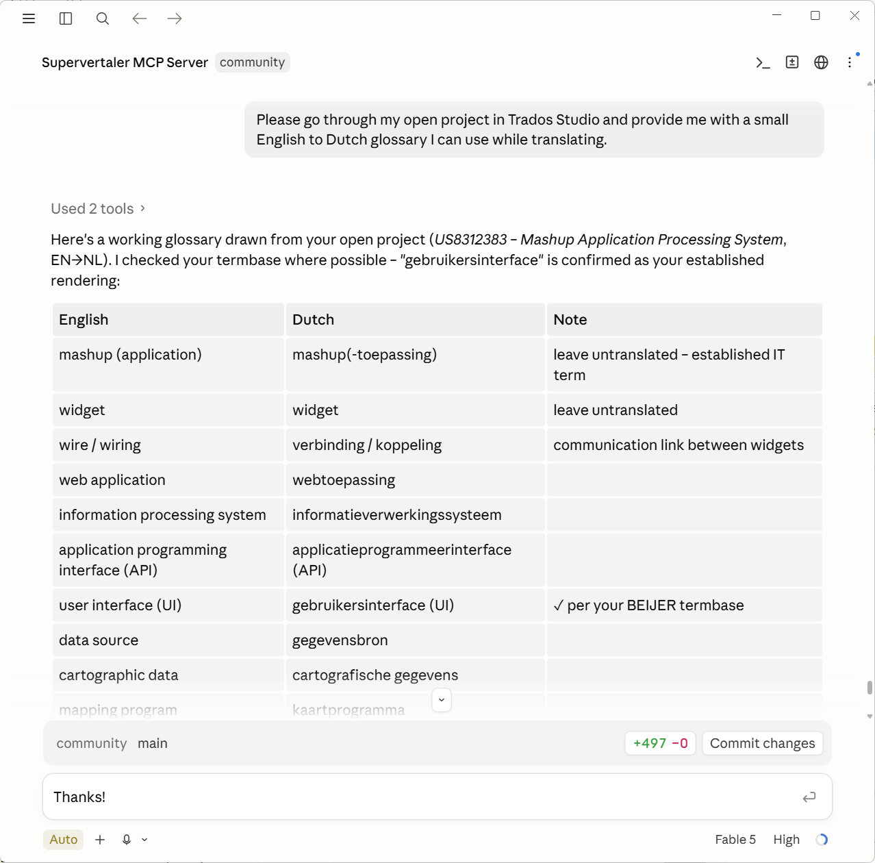 Claude building an English–Dutch glossary from the open Trados project