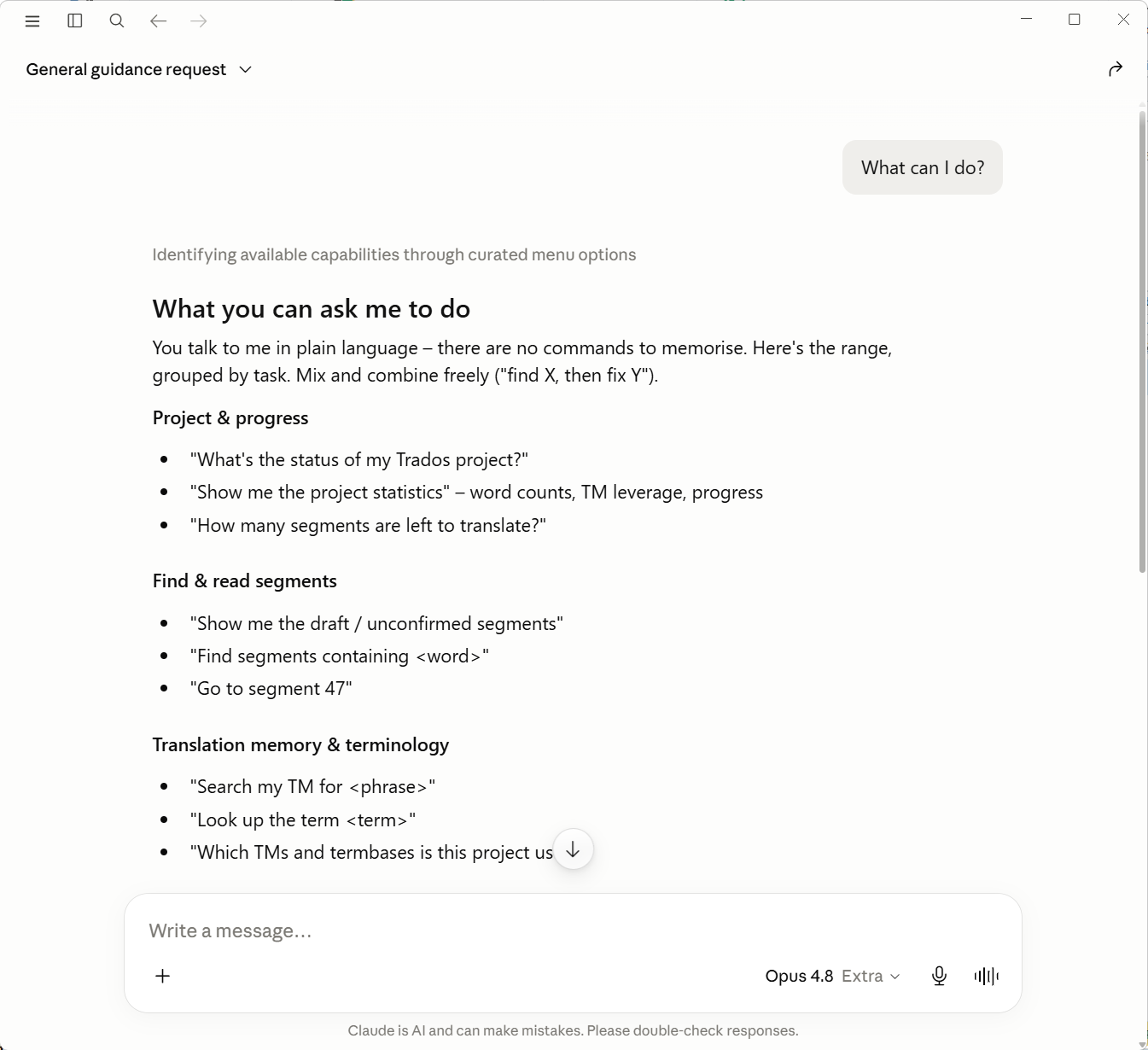 Asking Claude what you can do with the Supervertaler MCP Server