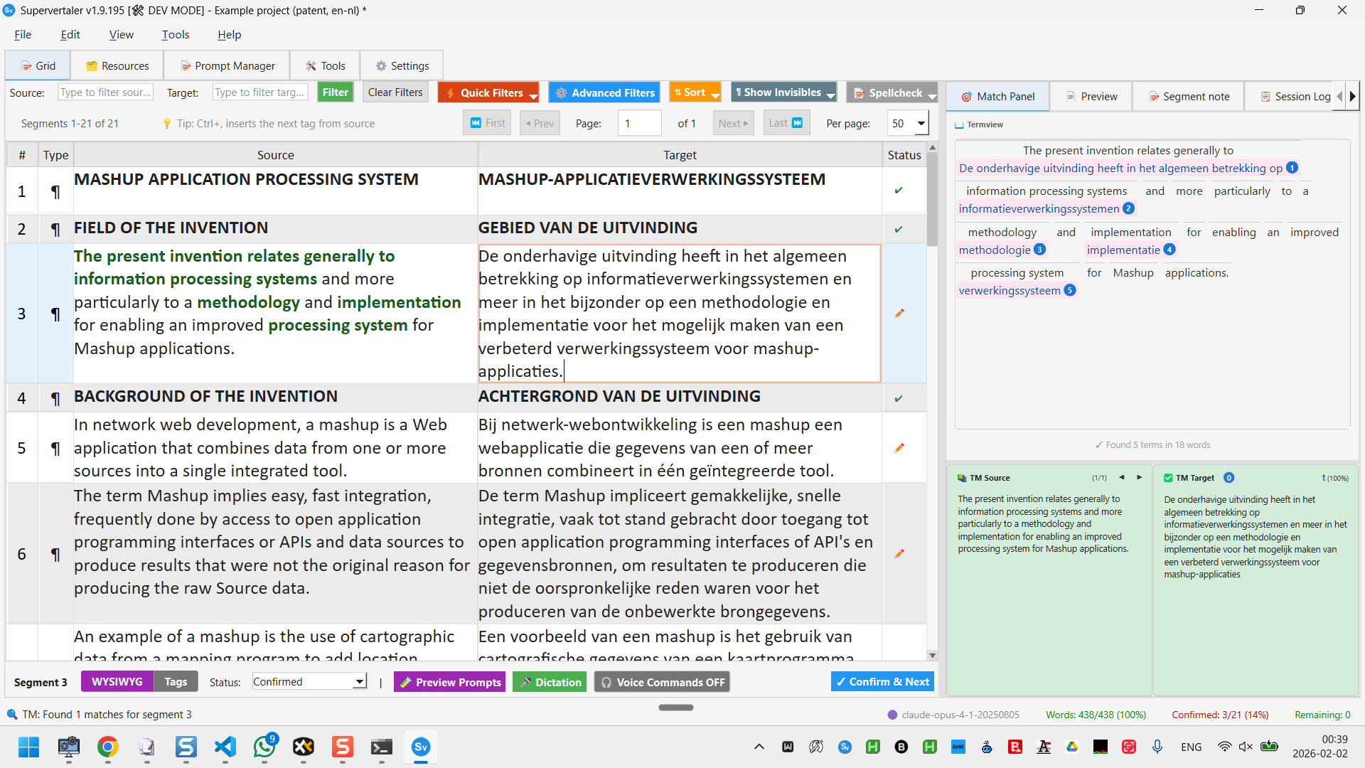 Supervertaler Workbench – translation grid with TermLens, TM matches, and AI translation
