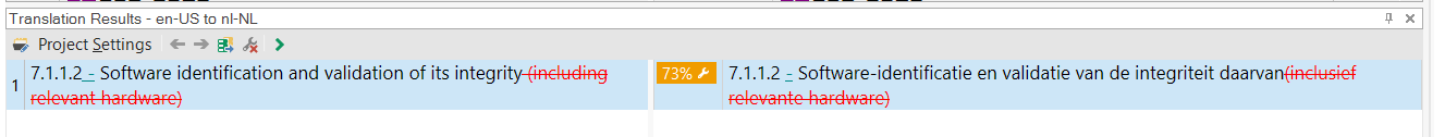 Trados Studio Translation Results pane with correct fuzzy match diff highlighting – additions in green, deletions in red strikethrough