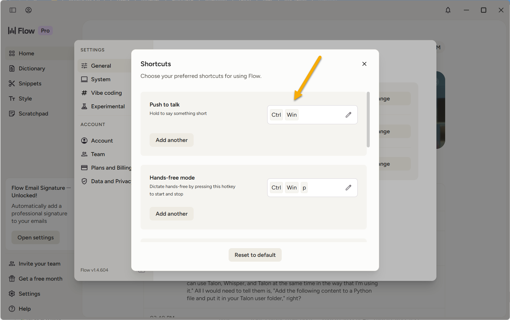 Wispr Flow hotkey settings showing Ctrl+Win as push-to-talk